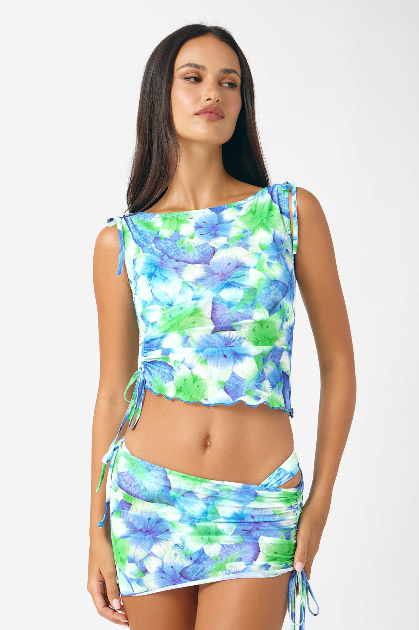 Delphine Scrunched Mesh Tank Top / Curacao