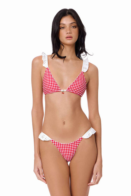 Tessa Ruffled Triangle Top / Cherry Gingham