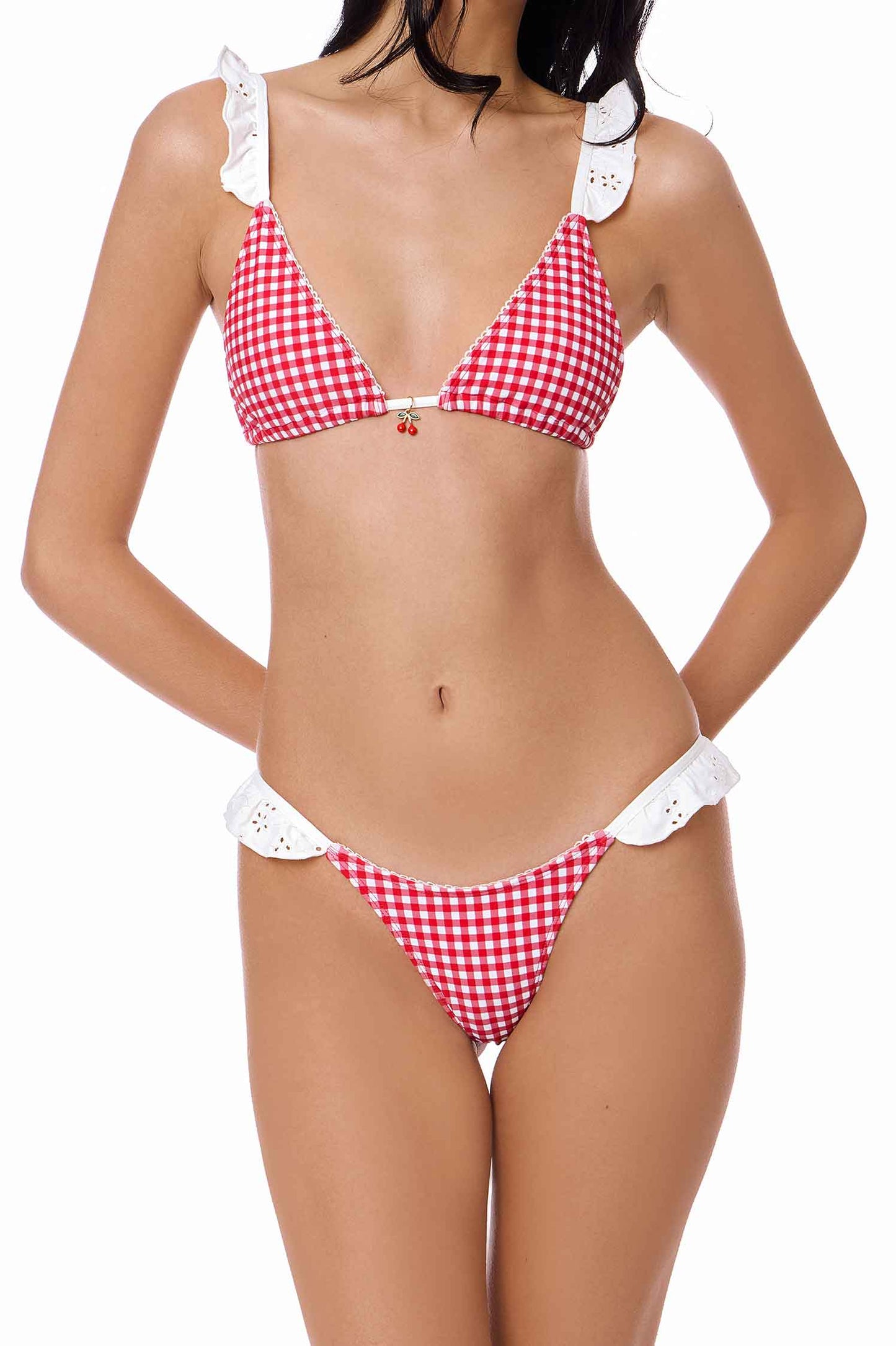 Tessa Ruffled Triangle Top / Cherry Gingham