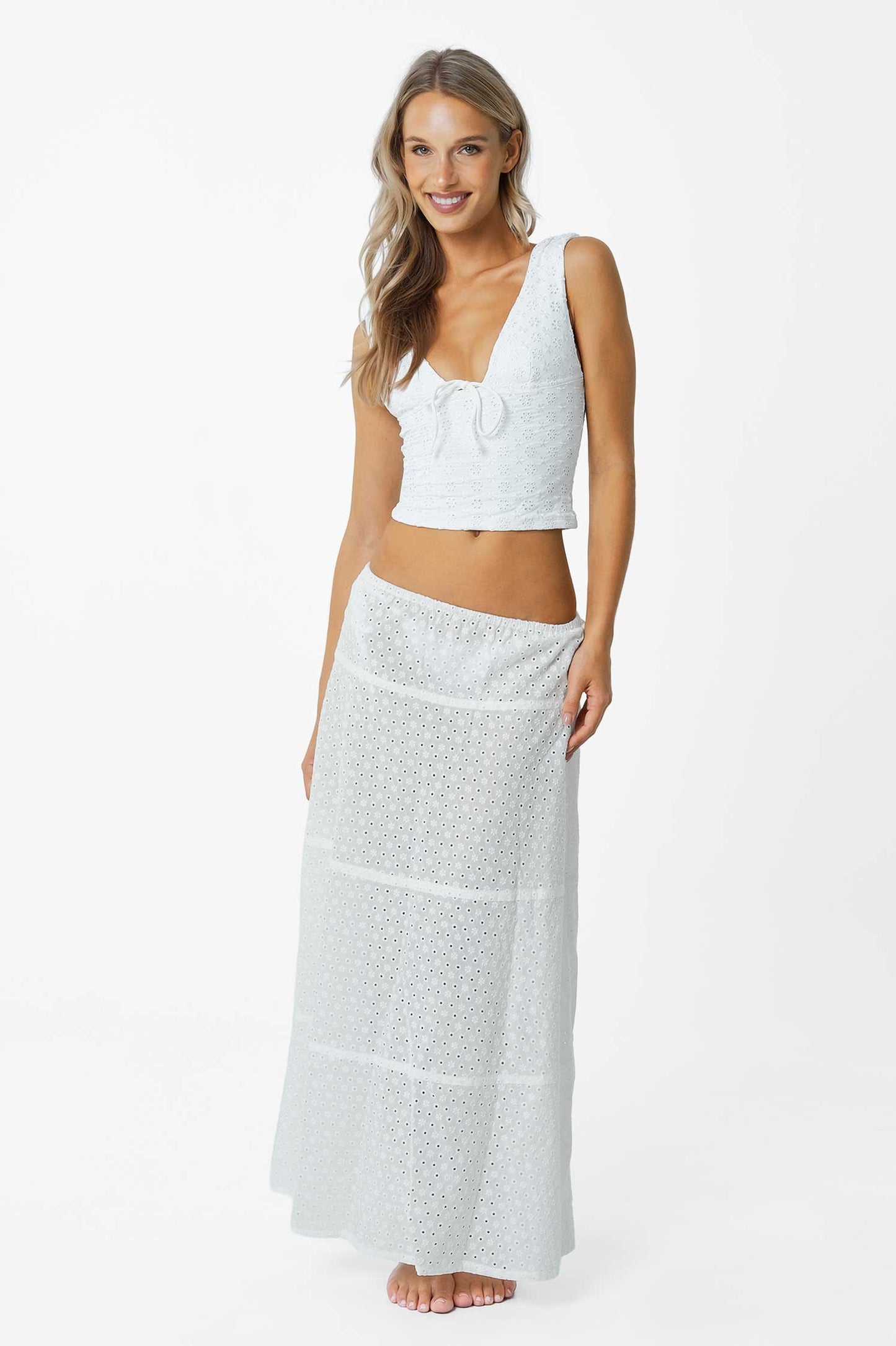 Mindy V-Neck Tankini Top / White Eyelet