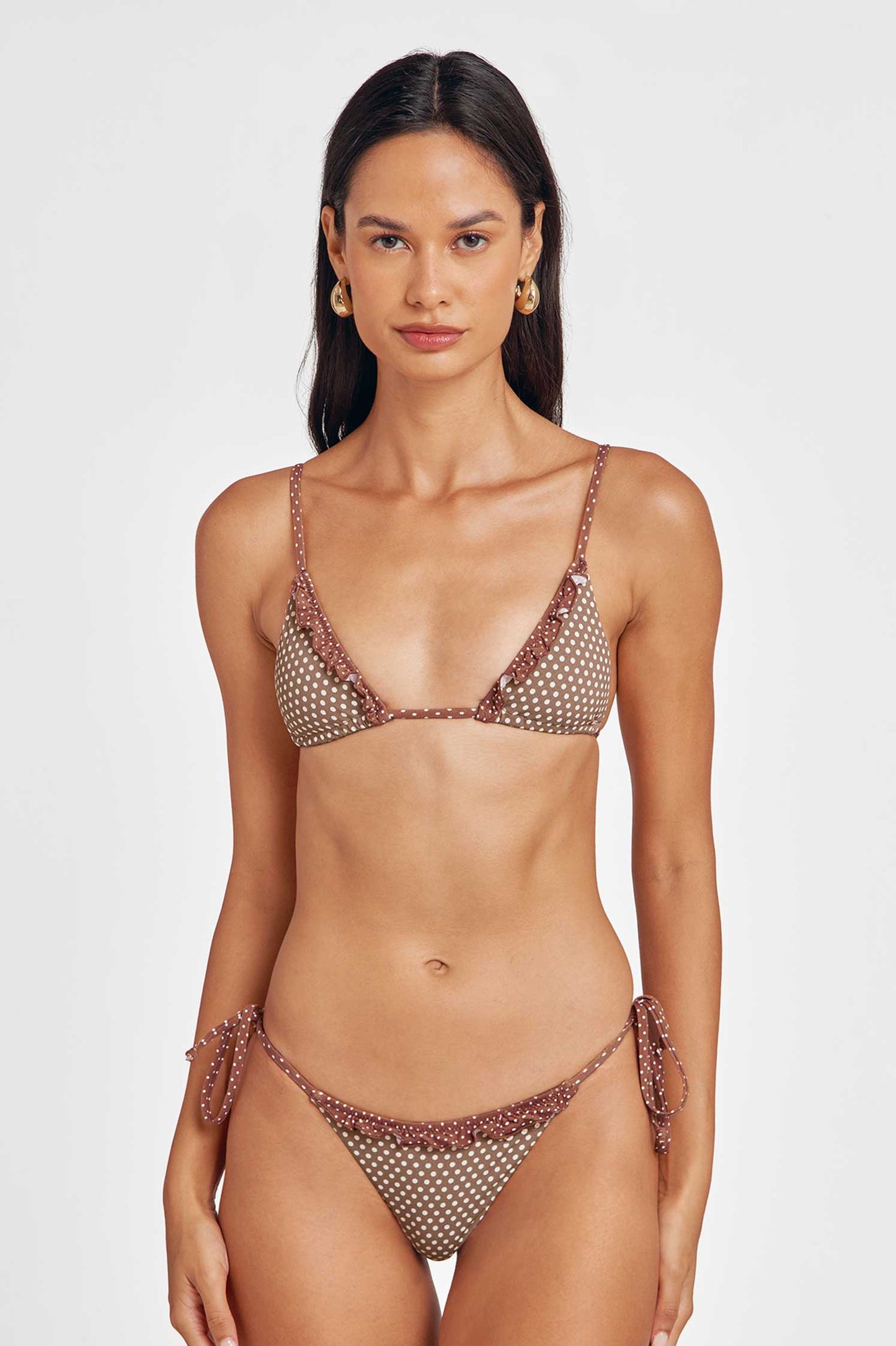 Marla Ruffled Side-Ties Cheeky Bottoms / Mocha Polka