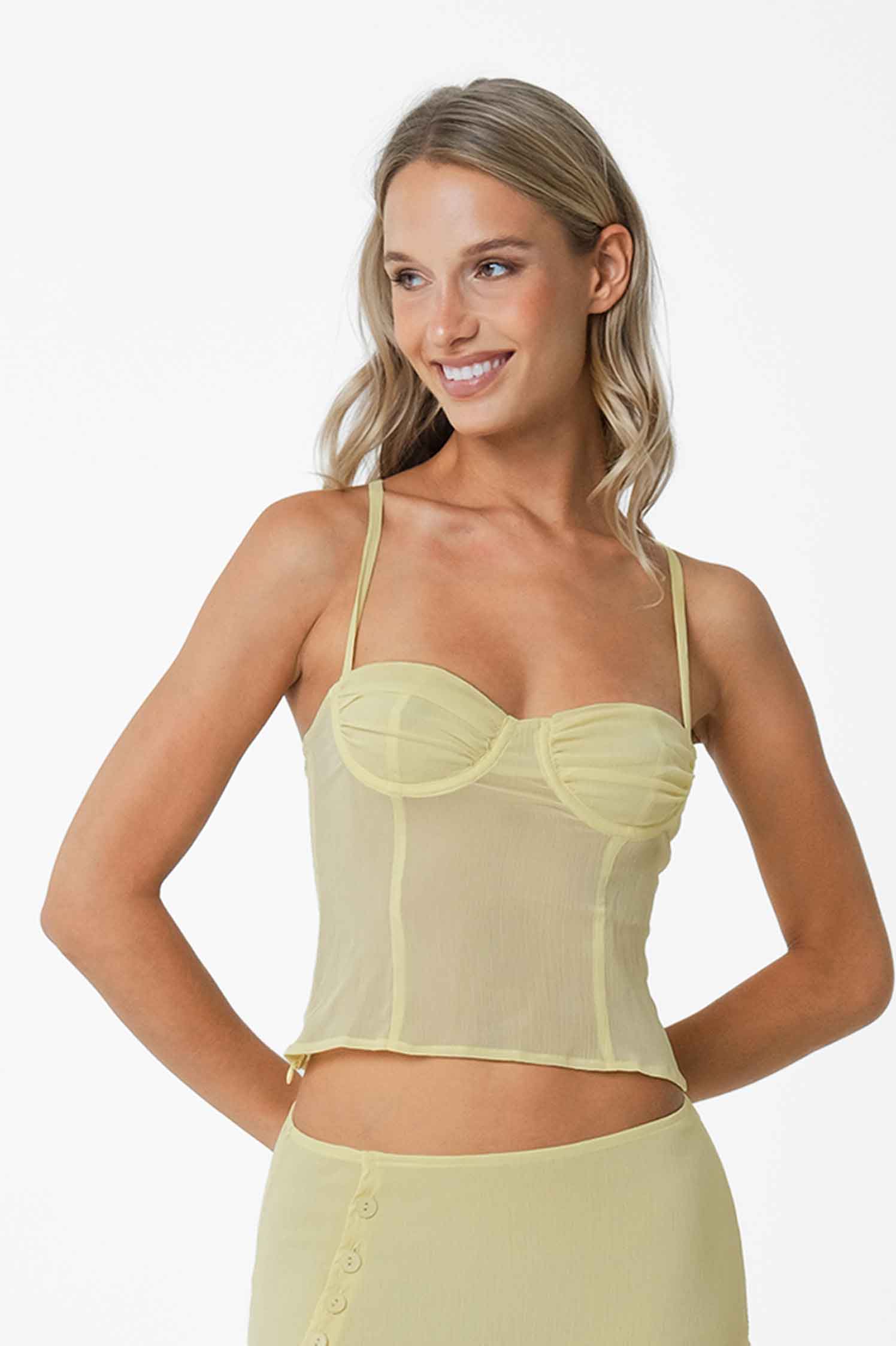 Margaret Mesh Milkmaid Top / Butter Yellow